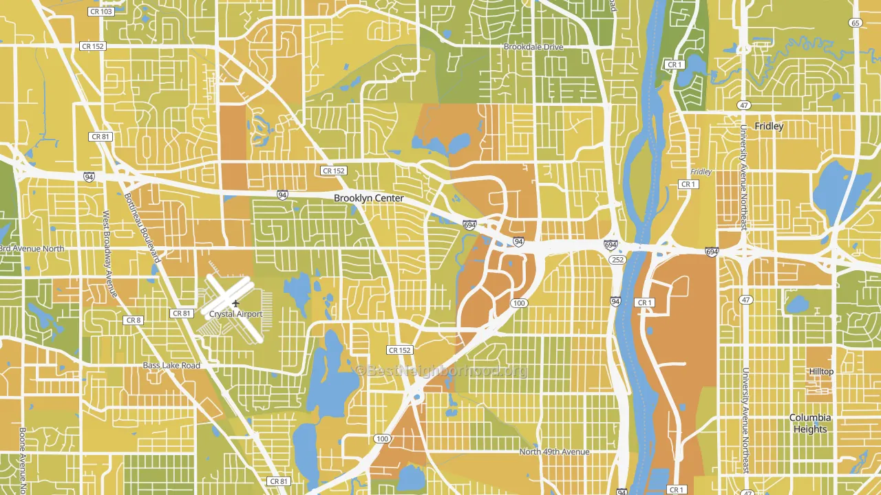 Map of the best neighborhoods in the Brooklyn Center area, with better matches in green and worse matches in red