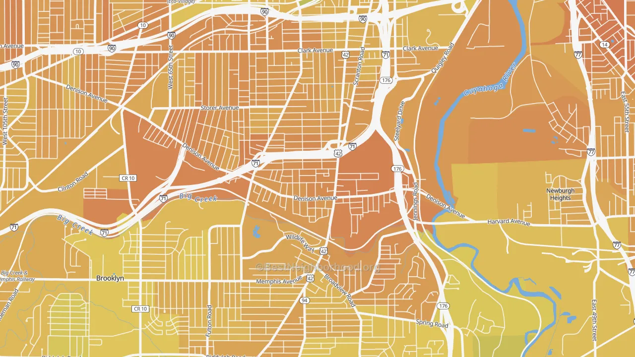 Map of the best neighborhoods in the Brooklyn-Centre, Cleveland area, with better matches in green and worse matches in red