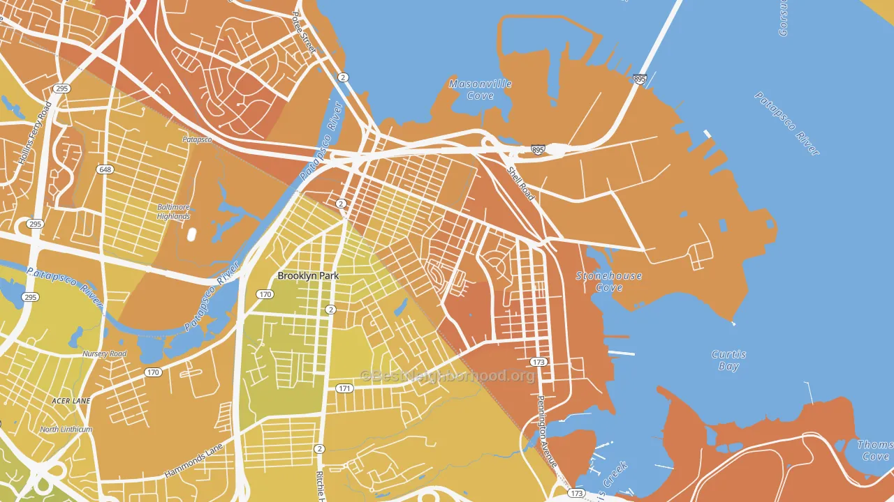 Map of the best neighborhoods in the Brooklyn-Curtis Bay, Brooklyn area, with better matches in green and worse matches in red
