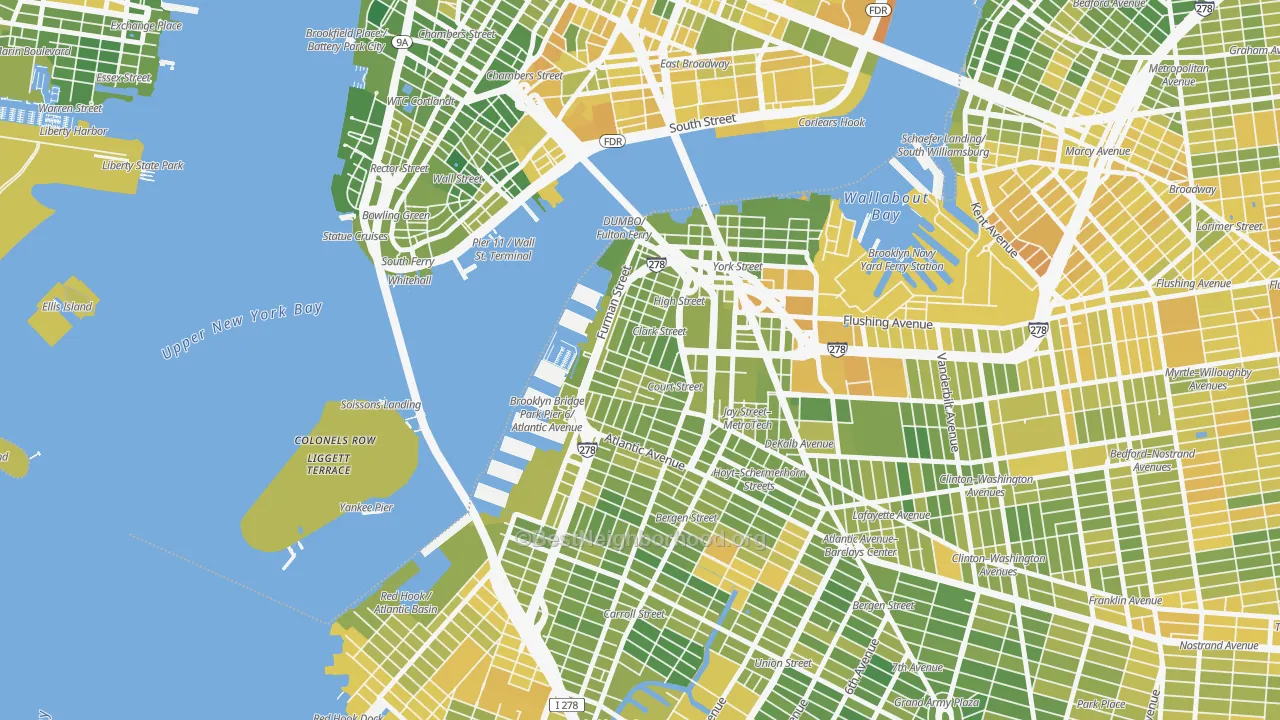 Map of the best neighborhoods in the Brooklyn Heights, Brooklyn area, with better matches in green and worse matches in red
