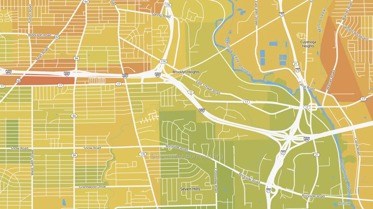 Map of the best neighborhoods in the Brooklyn Heights area, with better matches in green and worse matches in red