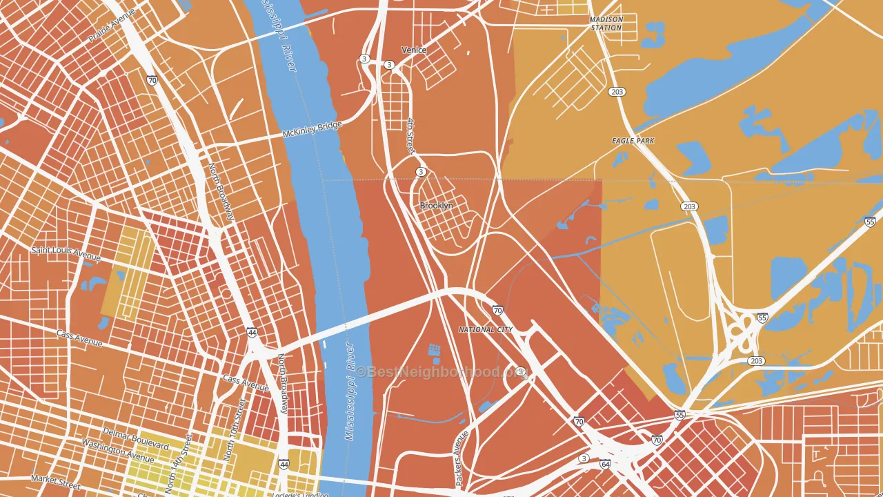 Map of the best neighborhoods in the Brooklyn area, with better matches in green and worse matches in red