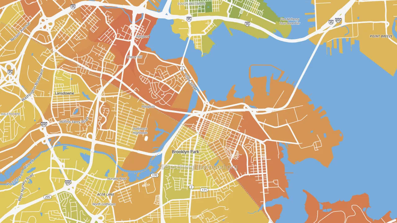 Map of the best neighborhoods in the Brooklyn area, with better matches in green and worse matches in red