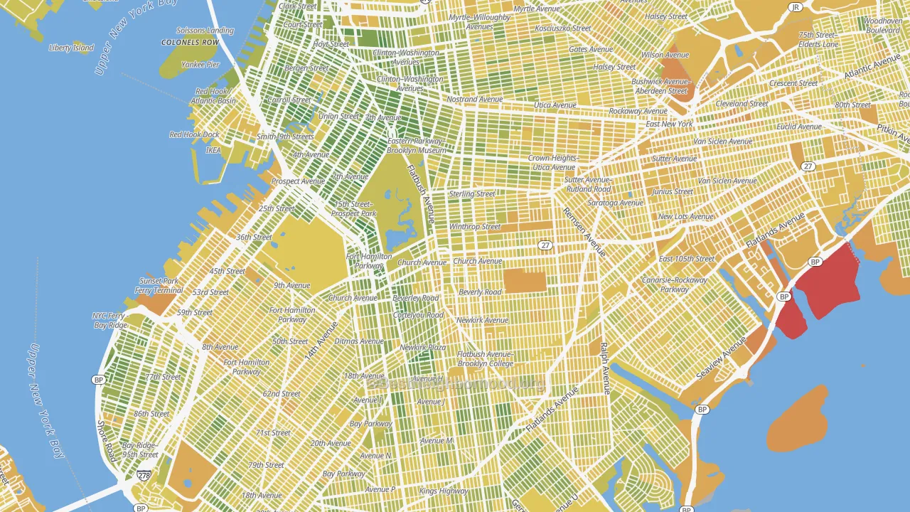 Map of the best neighborhoods in the Brooklyn area, with better matches in green and worse matches in red