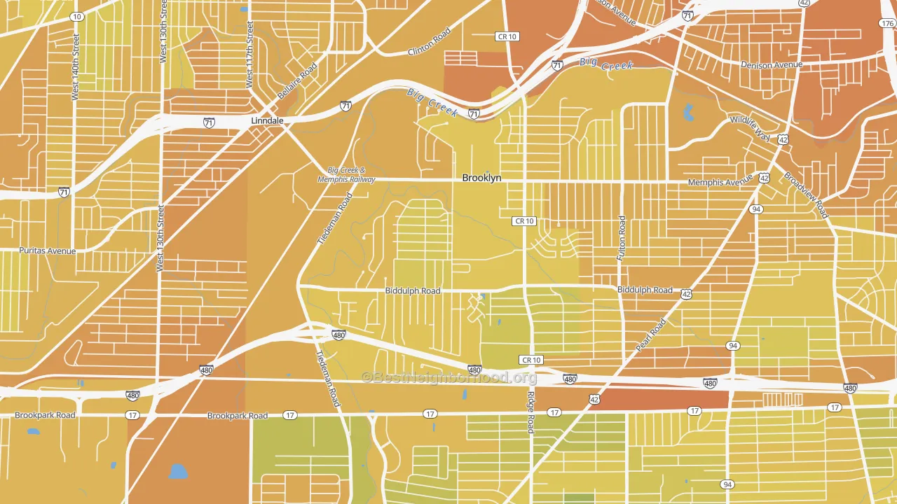 Map of the best neighborhoods in the Brooklyn area, with better matches in green and worse matches in red