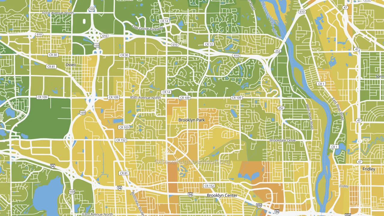 Map of the best neighborhoods in the Brooklyn Park area, with better matches in green and worse matches in red