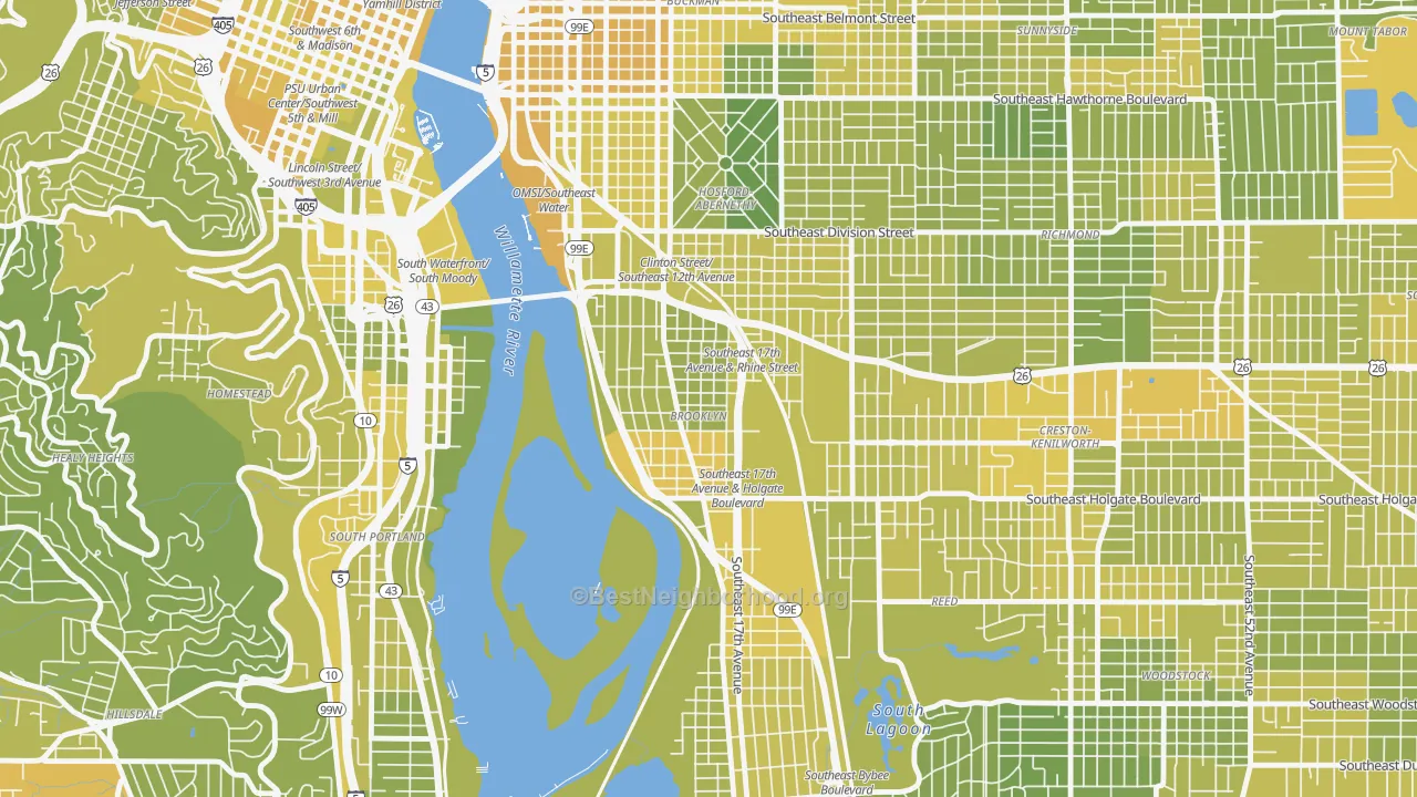 Map of the best neighborhoods in the Brooklyn, Portland area, with better matches in green and worse matches in red