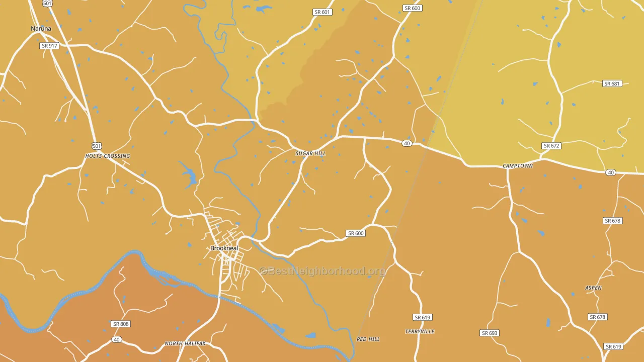 Map of the best neighborhoods in the Brookneal area, with better matches in green and worse matches in red