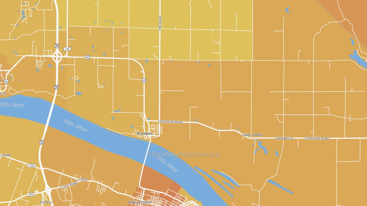 Map of the best neighborhoods in the Brookport area, with better matches in green and worse matches in red