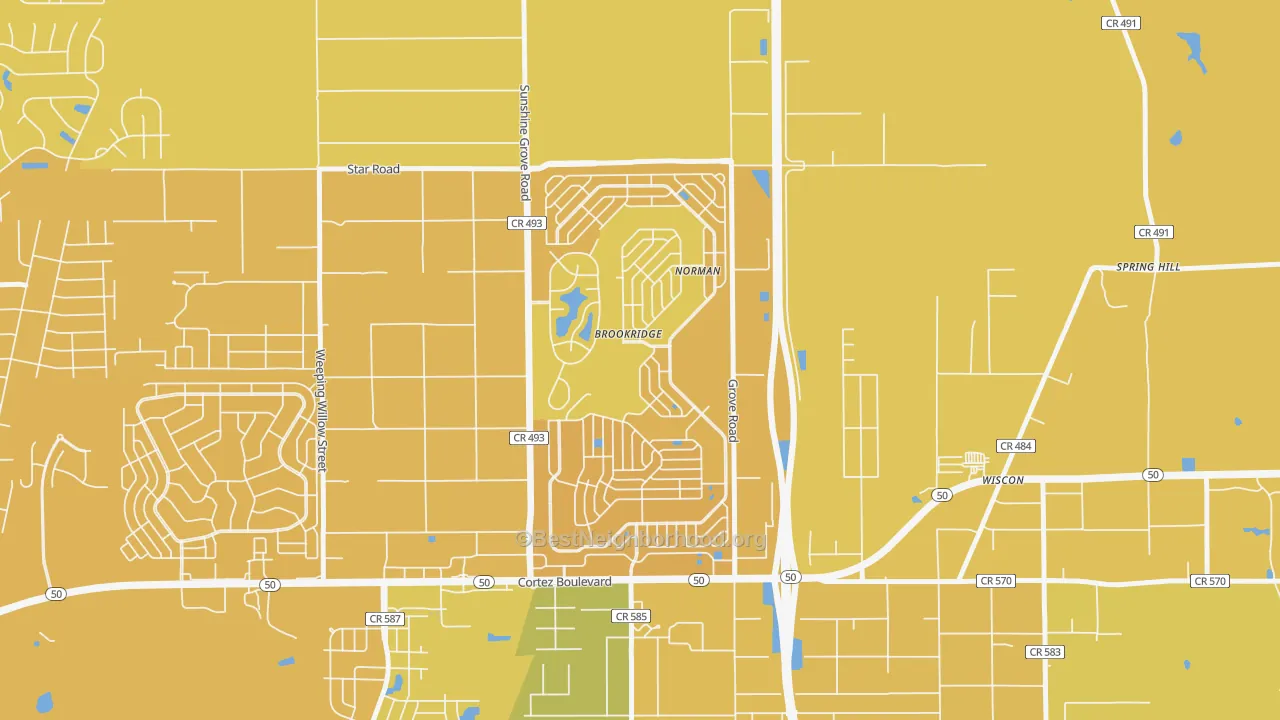 Map of the best neighborhoods in the Brookridge area, with better matches in green and worse matches in red