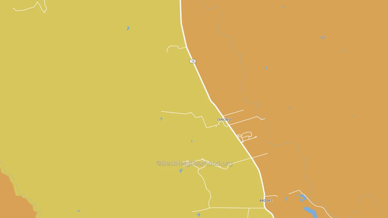 Map of the best neighborhoods in the Brooks area, with better matches in green and worse matches in red