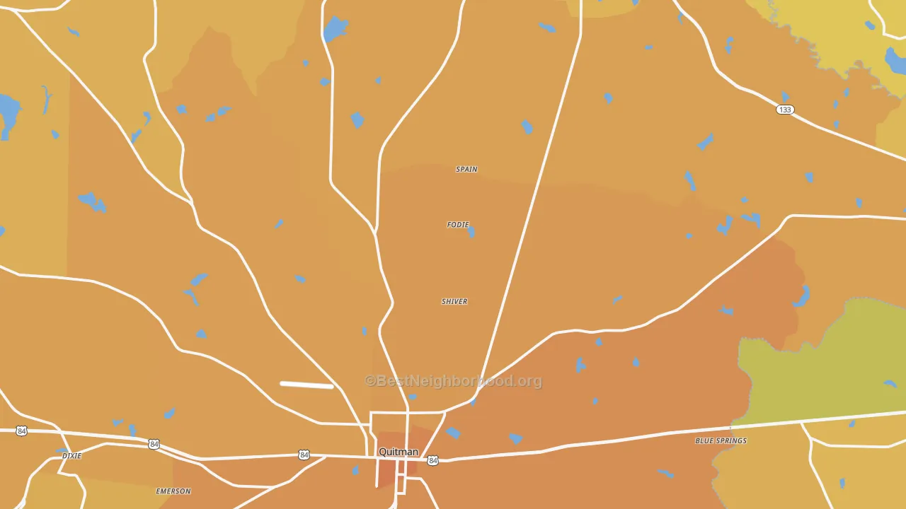 Map of the best neighborhoods in the Brooks County area, with better matches in green and worse matches in red