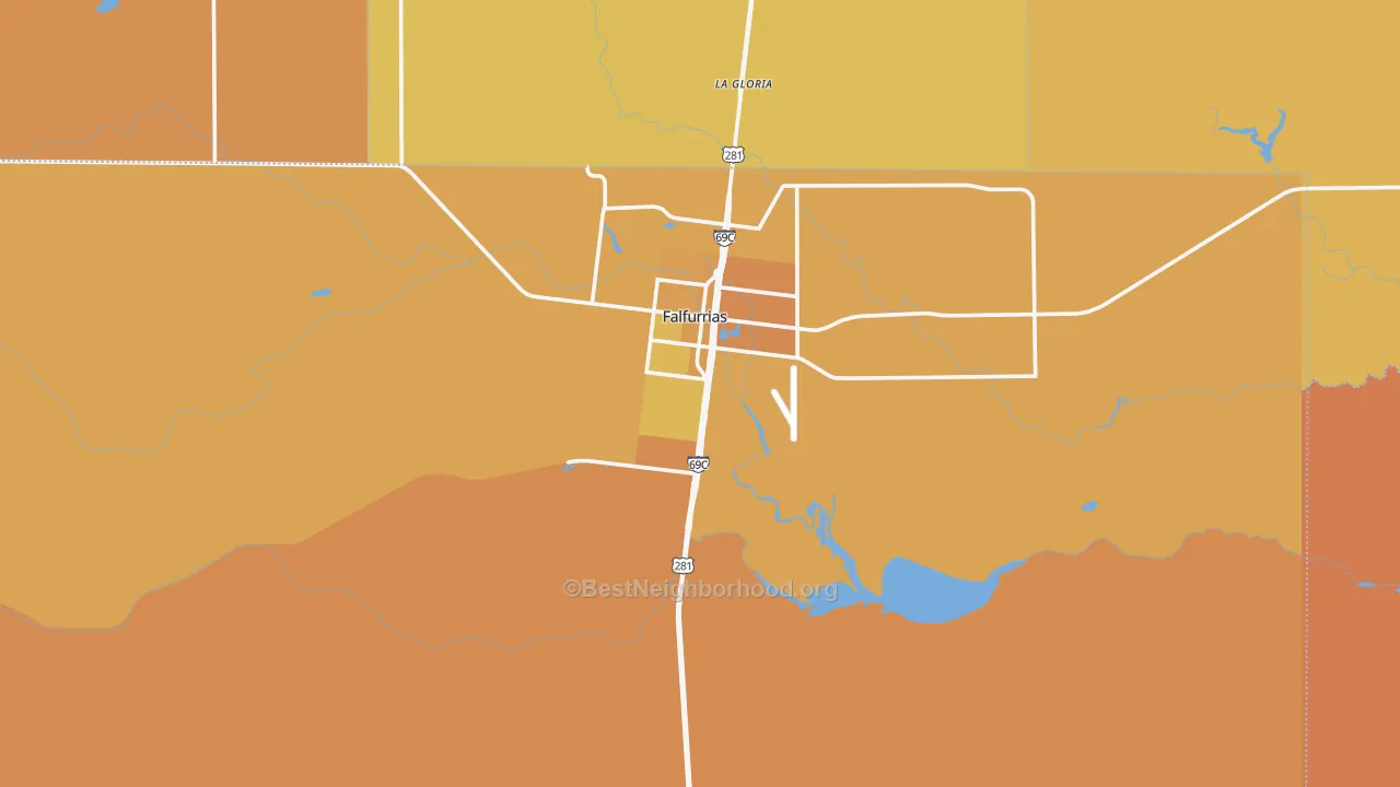 Map of the best neighborhoods in the Brooks County area, with better matches in green and worse matches in red