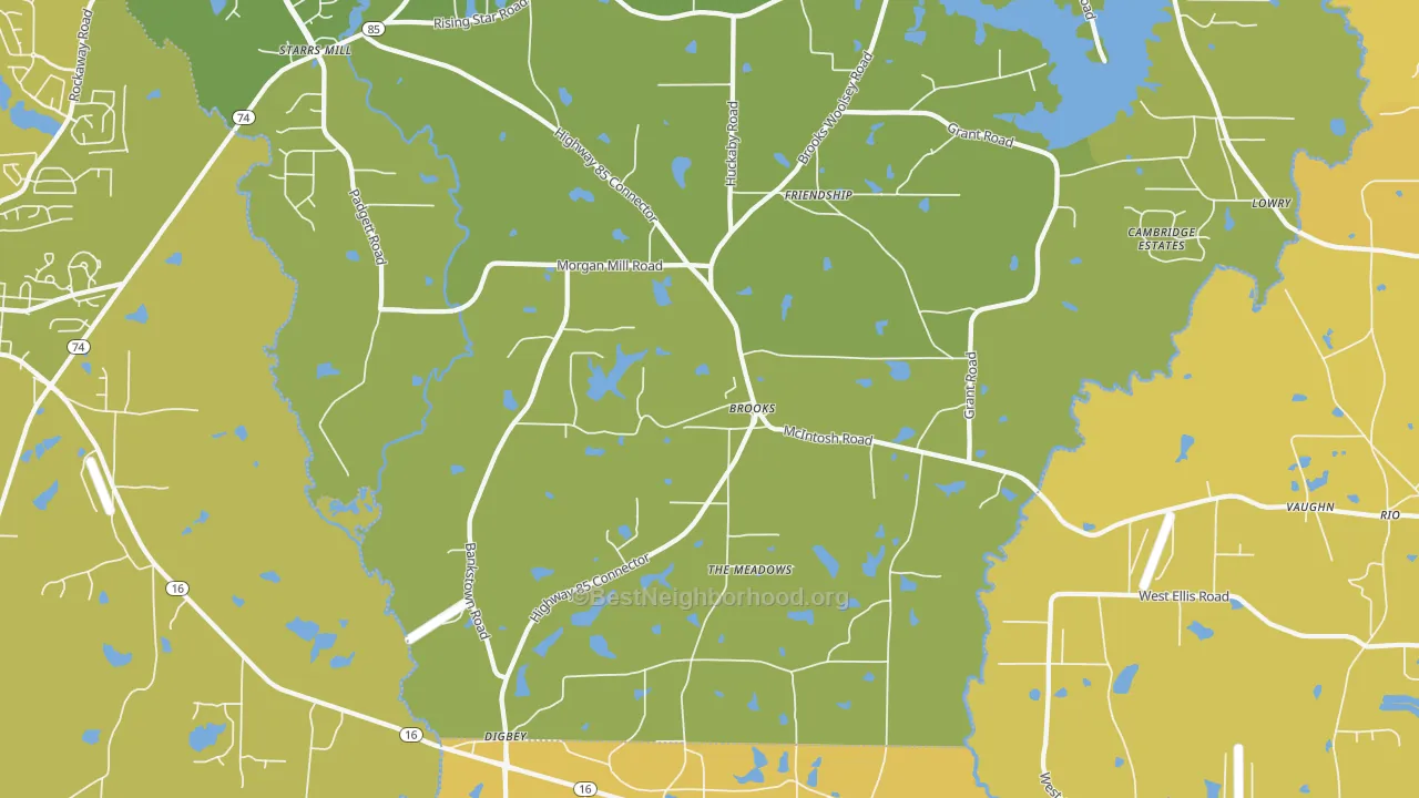Map of the best neighborhoods in the Brooks area, with better matches in green and worse matches in red