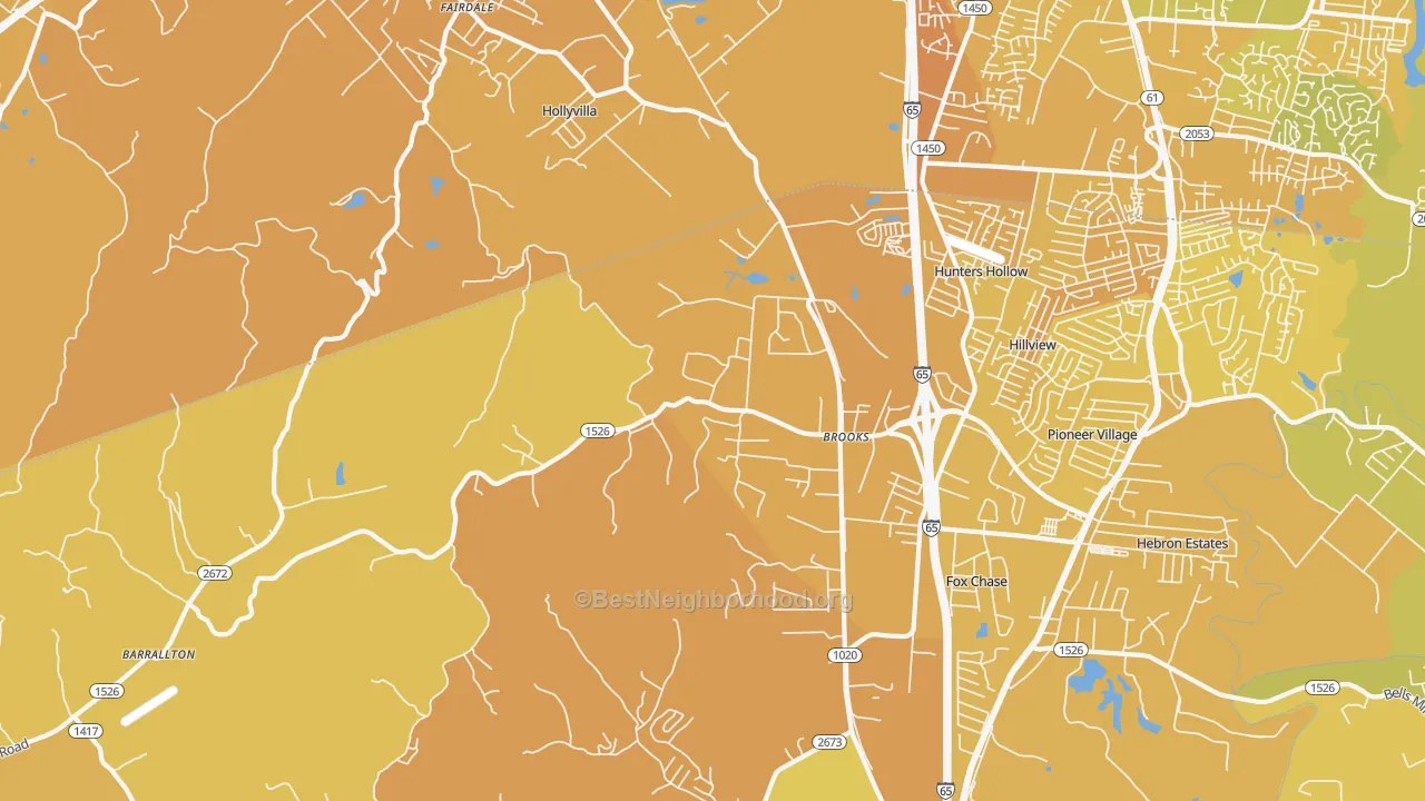 Map of the best neighborhoods in the Brooks area, with better matches in green and worse matches in red