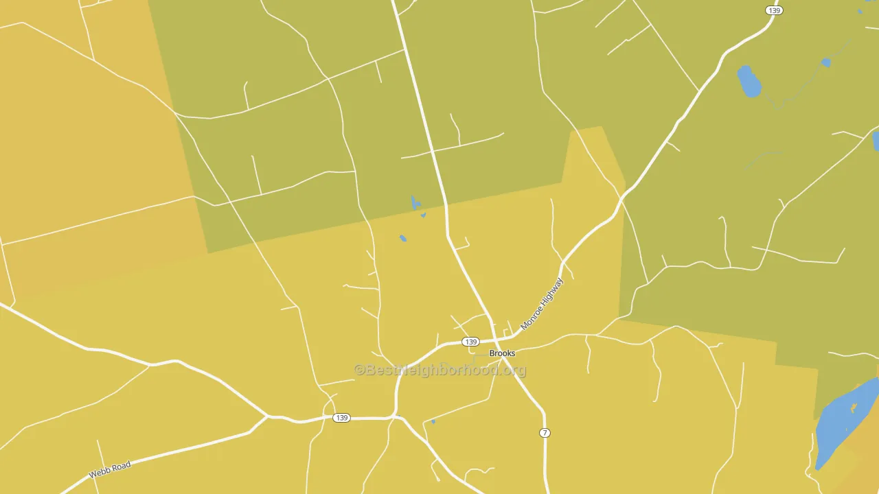 Map of the best neighborhoods in the Brooks area, with better matches in green and worse matches in red