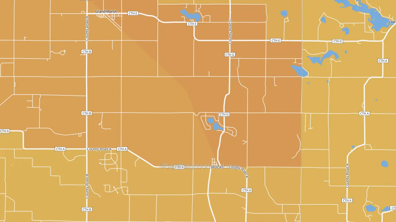 Map of the best neighborhoods in the Brooks area, with better matches in green and worse matches in red