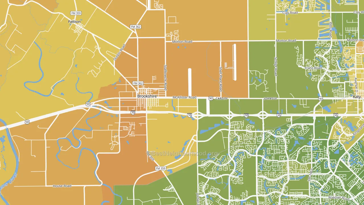 Map of the best neighborhoods in the Brookshire area, with better matches in green and worse matches in red