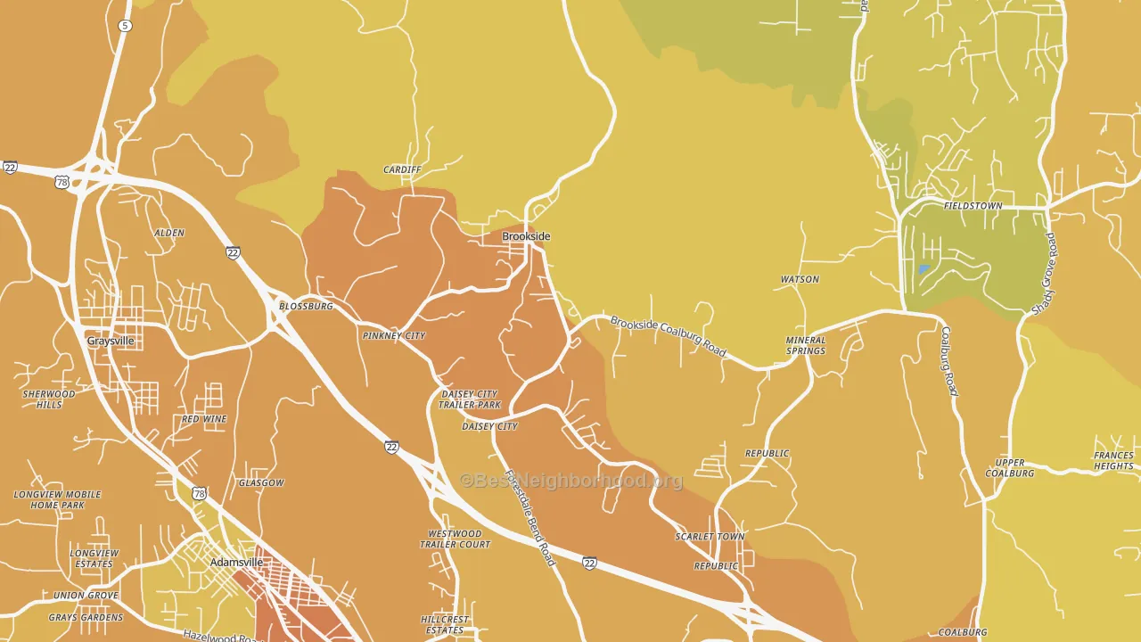 Map of the best neighborhoods in the Brookside area, with better matches in green and worse matches in red