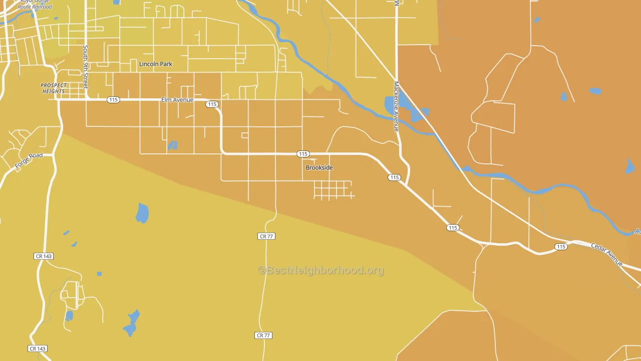 Map of the best neighborhoods in the Brookside area, with better matches in green and worse matches in red