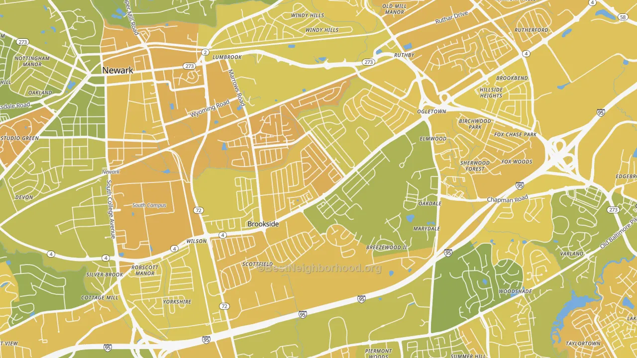Map of the best neighborhoods in the Brookside area, with better matches in green and worse matches in red