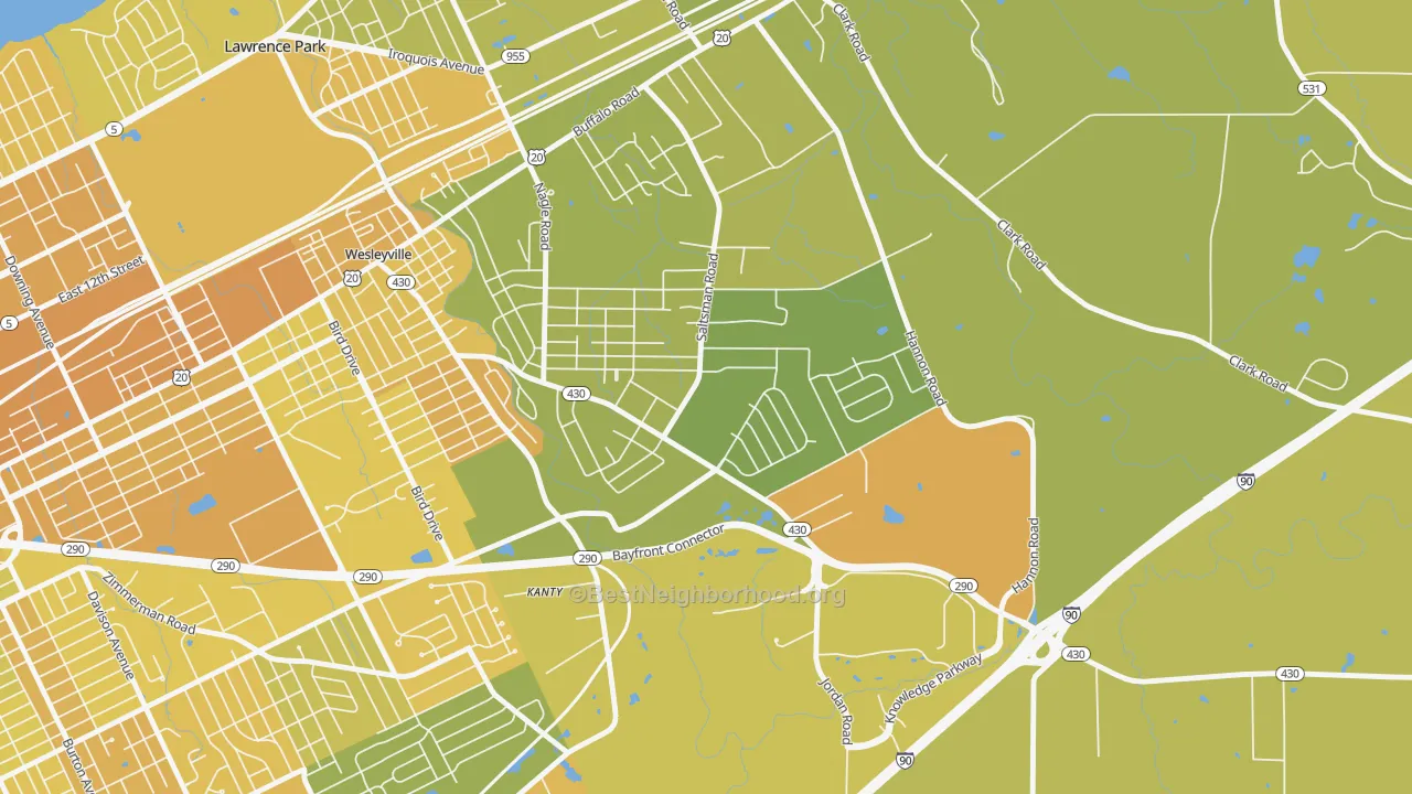 Map of the best neighborhoods in the Brookside, Erie area, with better matches in green and worse matches in red