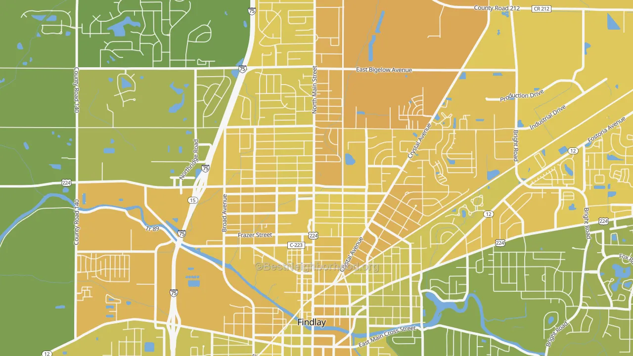 Map of the best neighborhoods in the Brookside, Findlay area, with better matches in green and worse matches in red