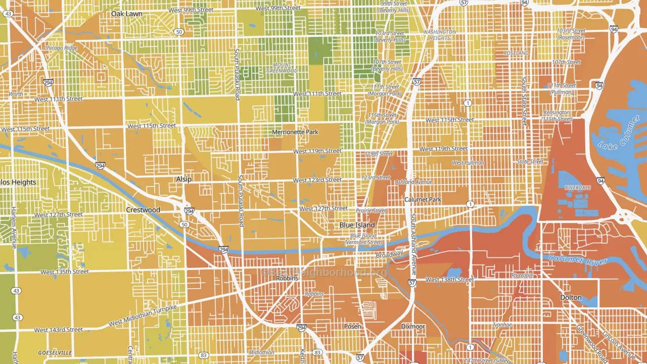 Map of the best neighborhoods in the Brookside Glen, Chicago area, with better matches in green and worse matches in red