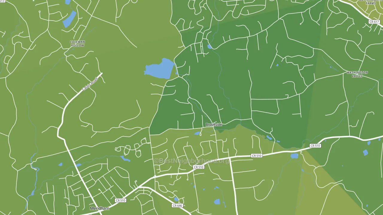 Map of the best neighborhoods in the Brookside area, with better matches in green and worse matches in red