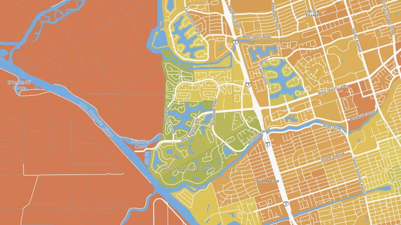 Map of the best neighborhoods in the Brookside, Stockton area, with better matches in green and worse matches in red