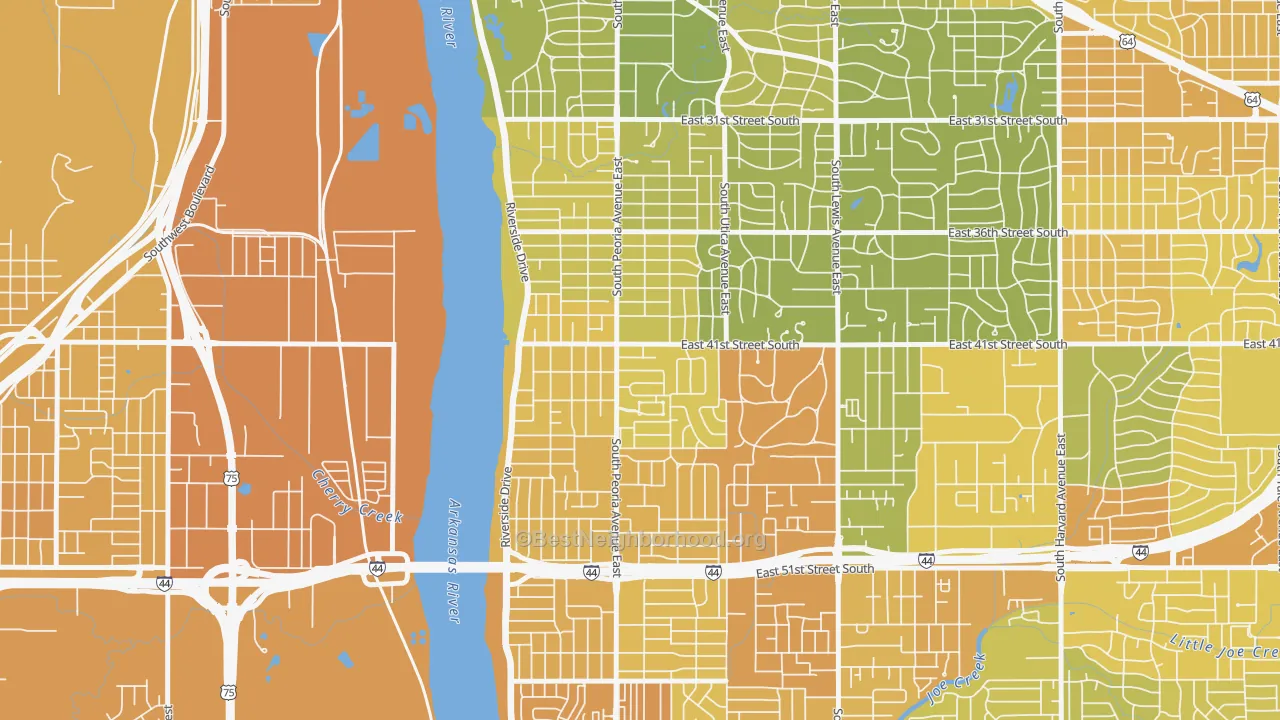Map of the best neighborhoods in the Brookside, Tulsa area, with better matches in green and worse matches in red