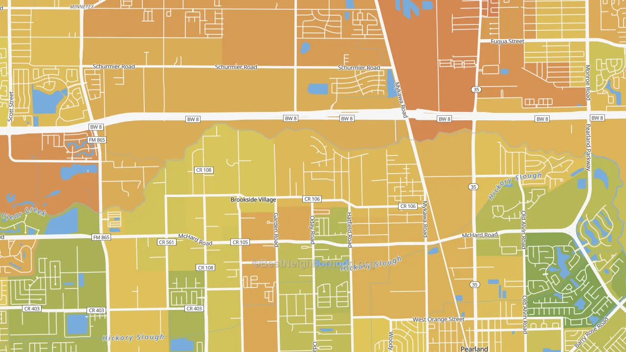 Map of the best neighborhoods in the Brookside Village area, with better matches in green and worse matches in red