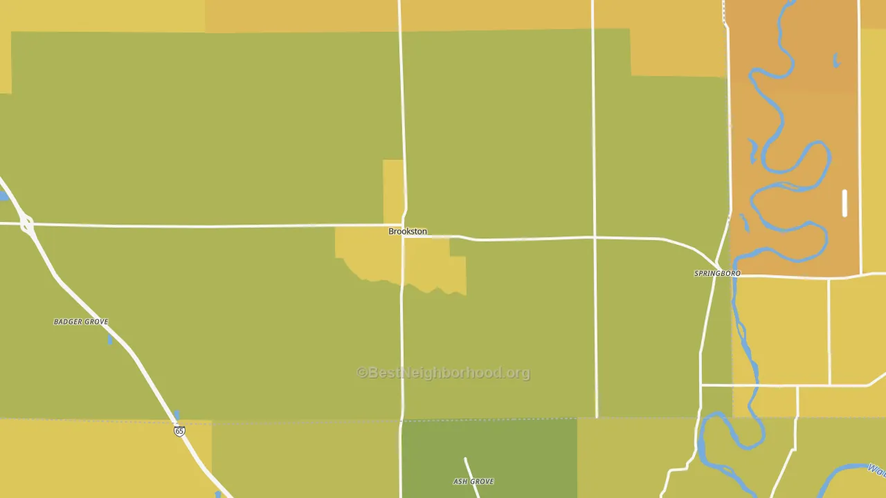 Map of the best neighborhoods in the Brookston area, with better matches in green and worse matches in red