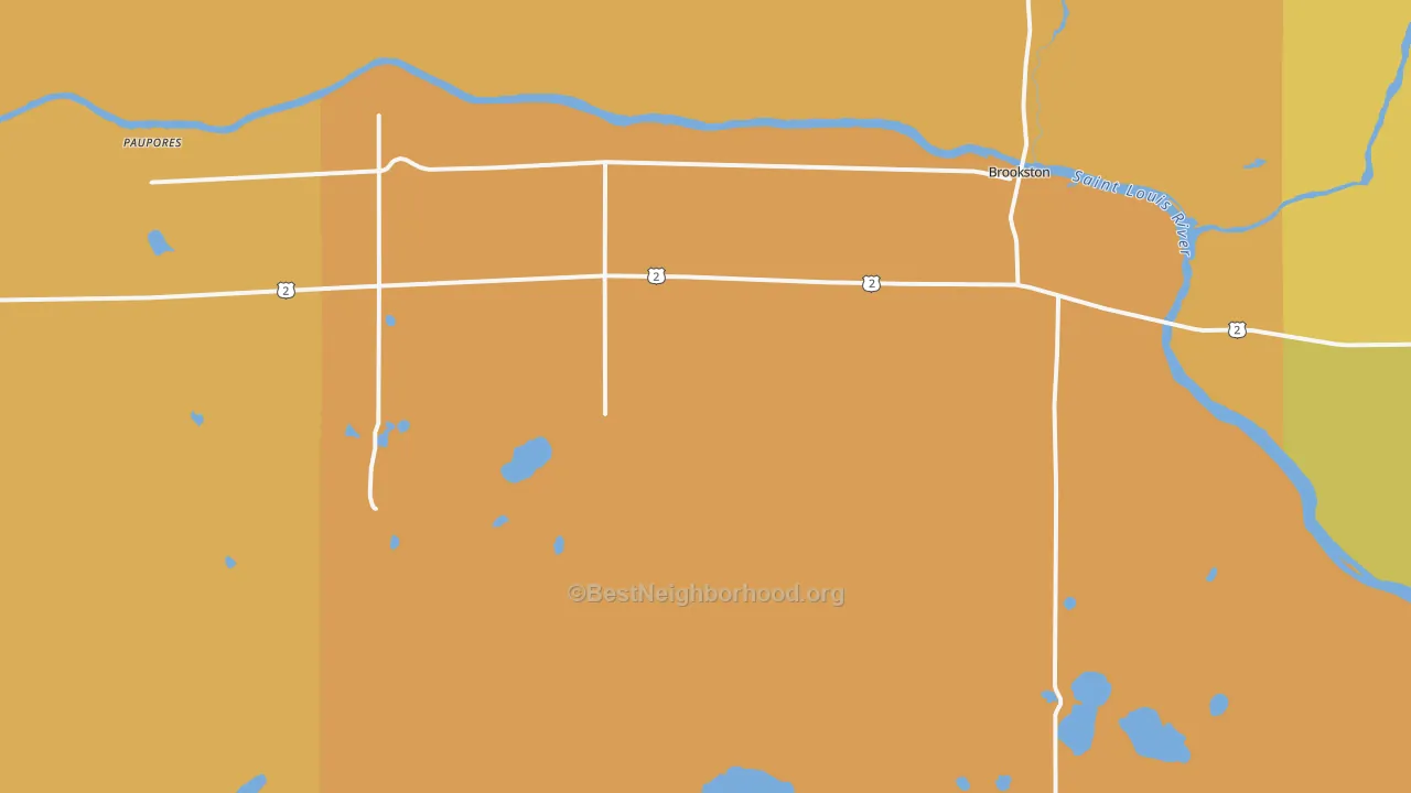 Map of the best neighborhoods in the Brookston area, with better matches in green and worse matches in red