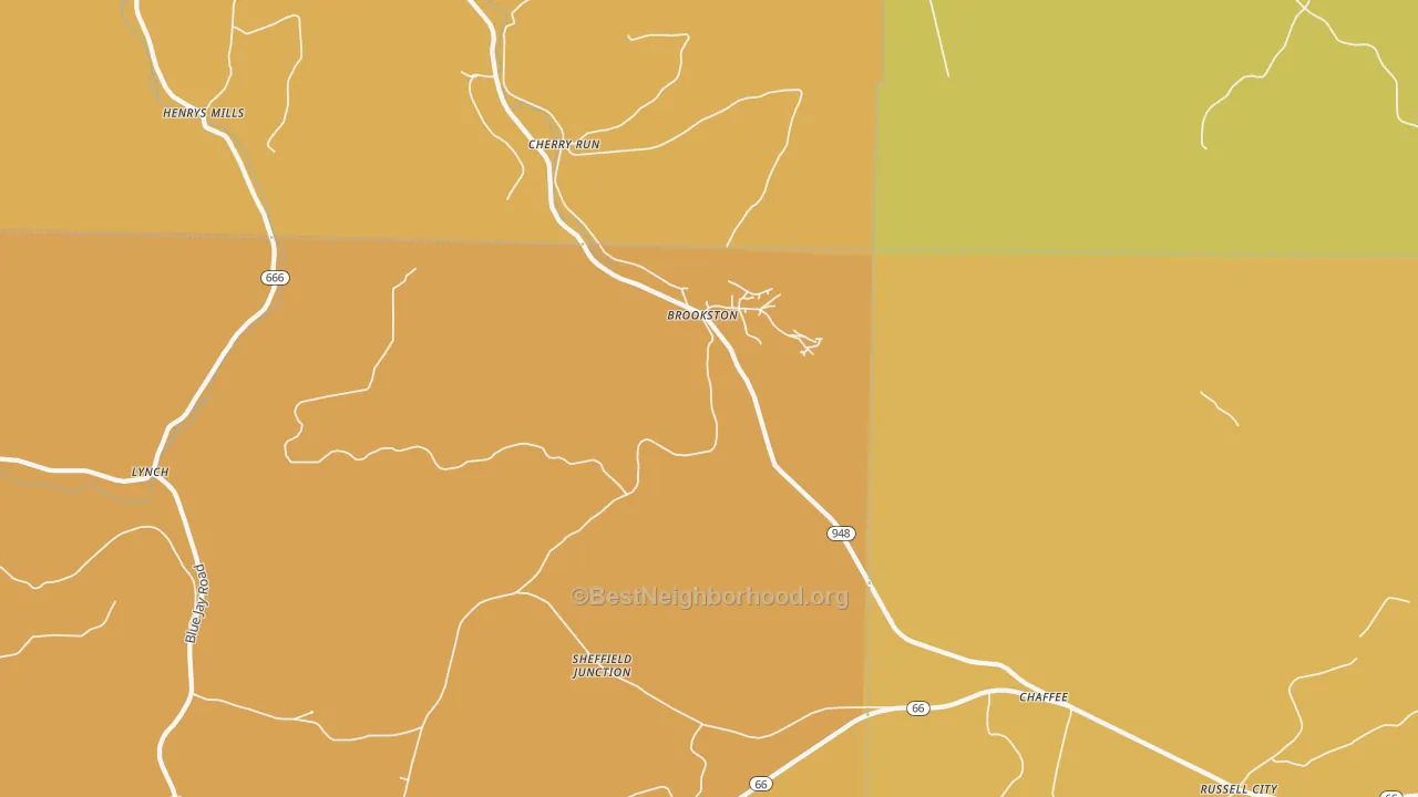 Map of the best neighborhoods in the Brookston area, with better matches in green and worse matches in red