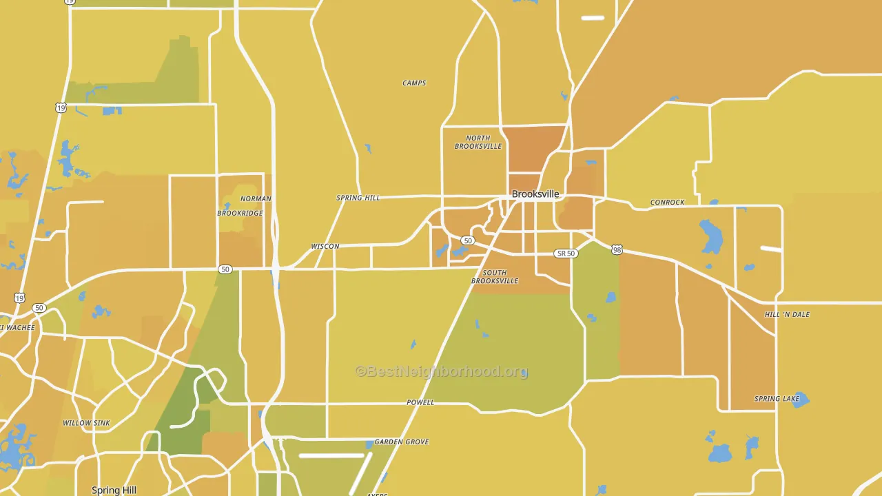 Map of the best neighborhoods in the Brooksville area, with better matches in green and worse matches in red