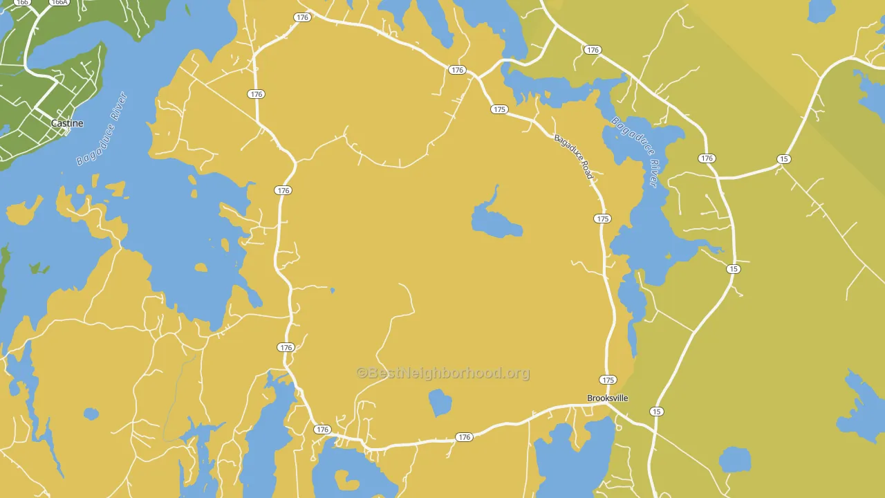 Map of the best neighborhoods in the Brooksville area, with better matches in green and worse matches in red