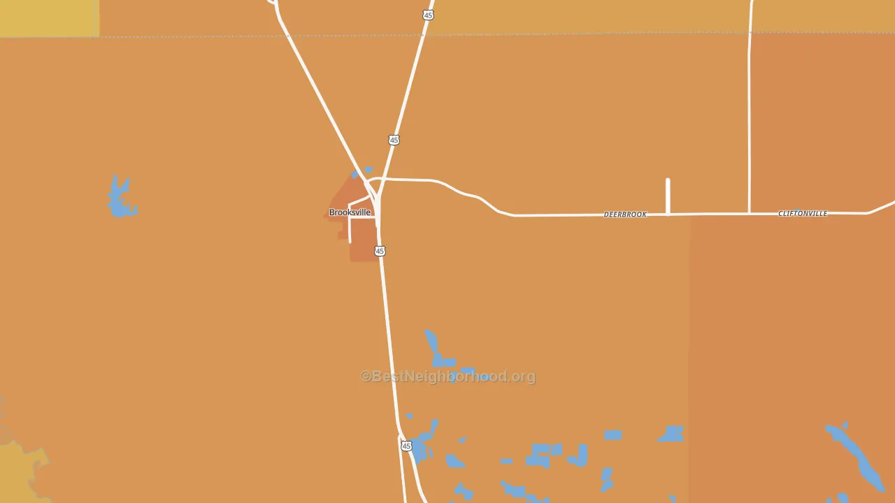 Map of the best neighborhoods in the Brooksville area, with better matches in green and worse matches in red