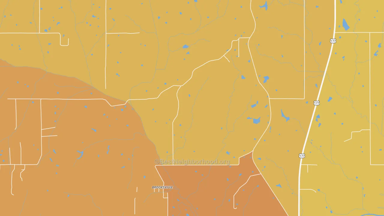 Map of the best neighborhoods in the Brooksville area, with better matches in green and worse matches in red