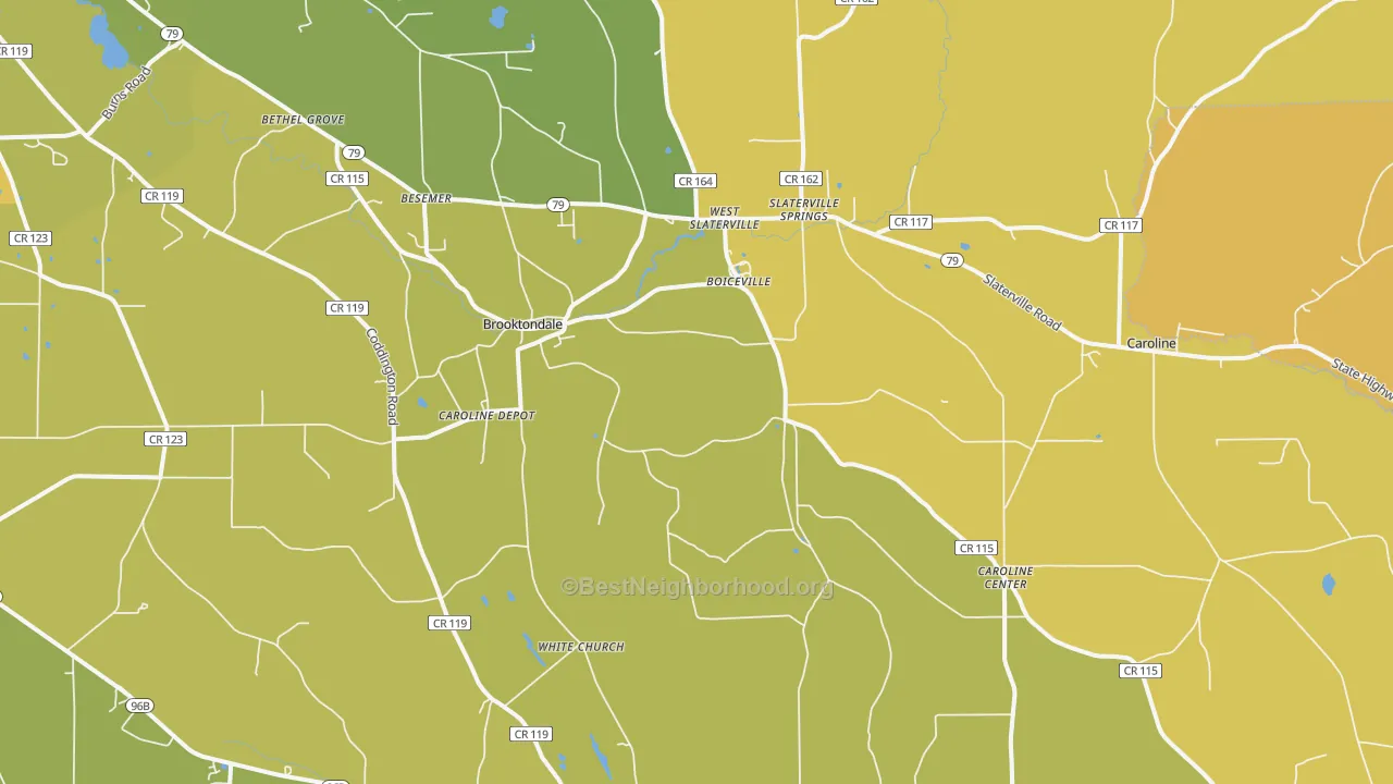Map of the best neighborhoods in the Brooktondale area, with better matches in green and worse matches in red