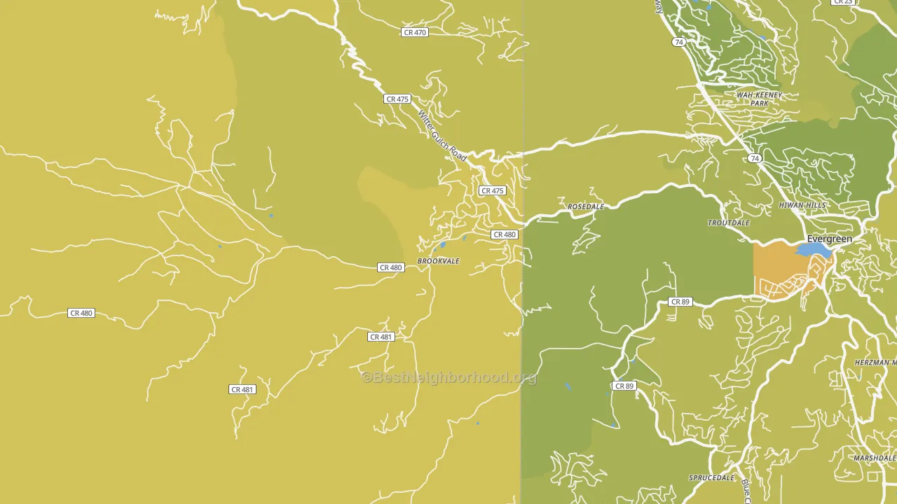 Map of the best neighborhoods in the Brookvale area, with better matches in green and worse matches in red