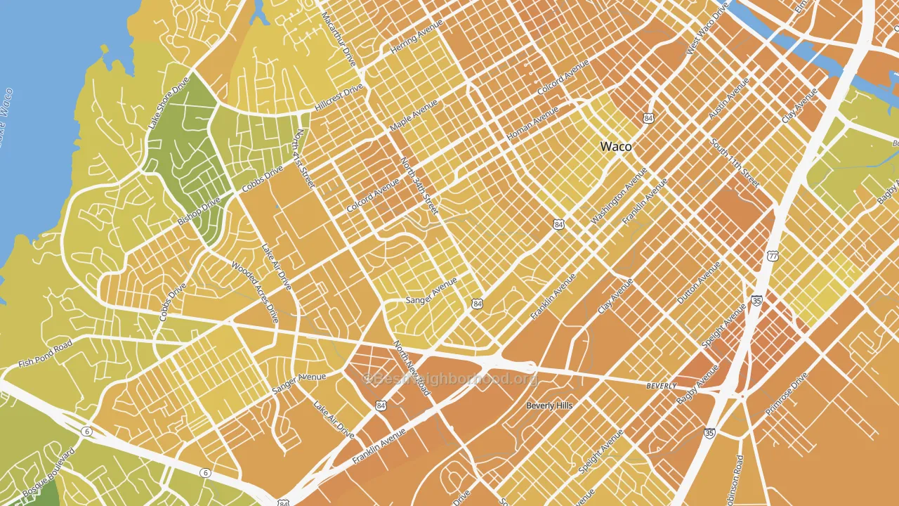 Map of the best neighborhoods in the Brookview, Waco area, with better matches in green and worse matches in red