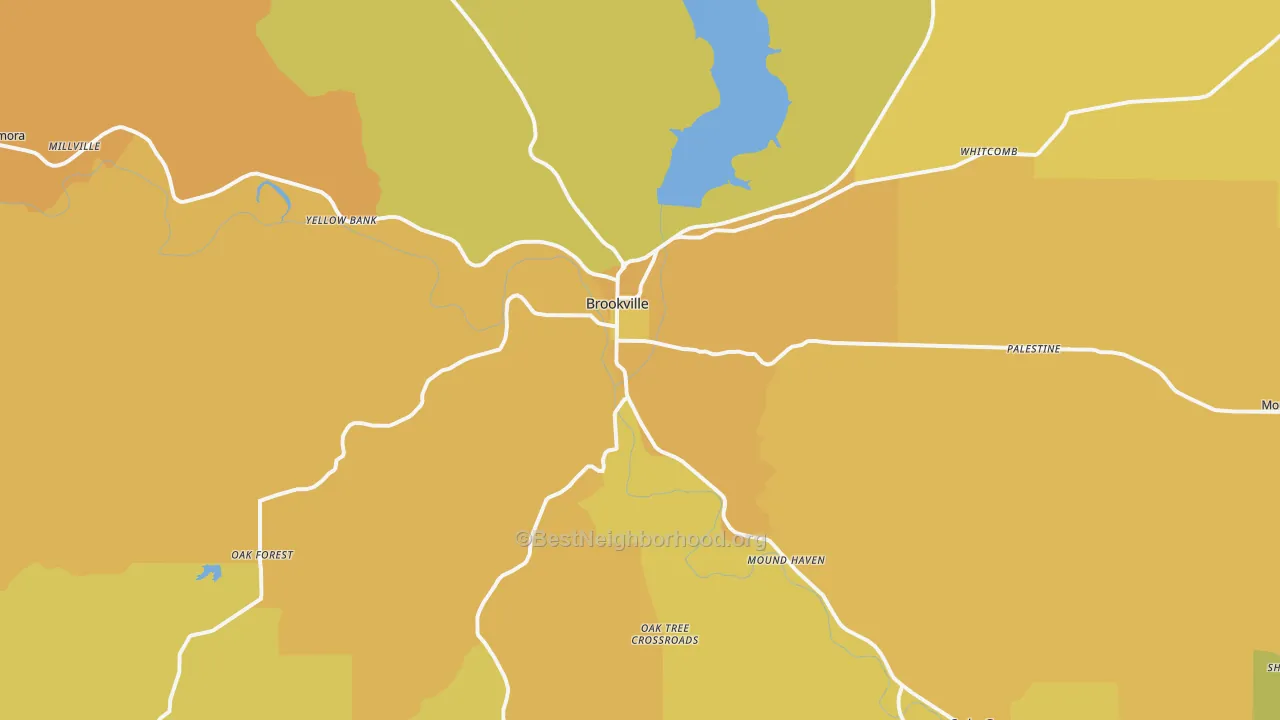 Map of the best neighborhoods in the Brookville area, with better matches in green and worse matches in red