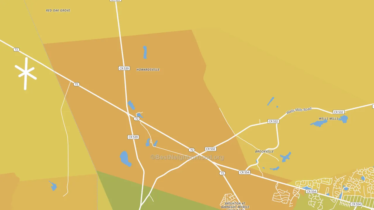Map of the best neighborhoods in the Brookville area, with better matches in green and worse matches in red