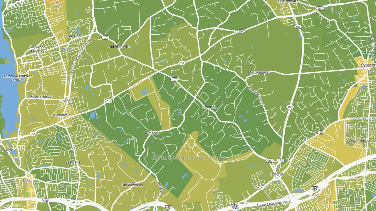 Map of the best neighborhoods in the Brookville area, with better matches in green and worse matches in red