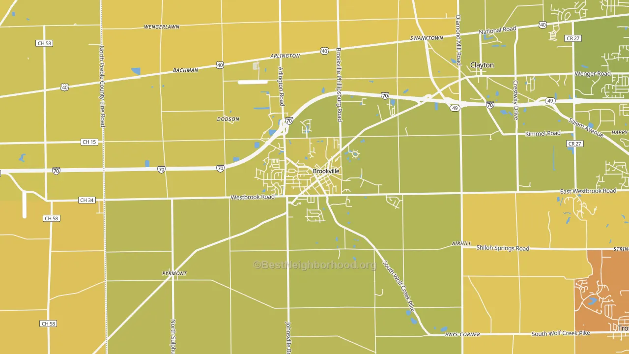 Map of the best neighborhoods in the Brookville area, with better matches in green and worse matches in red
