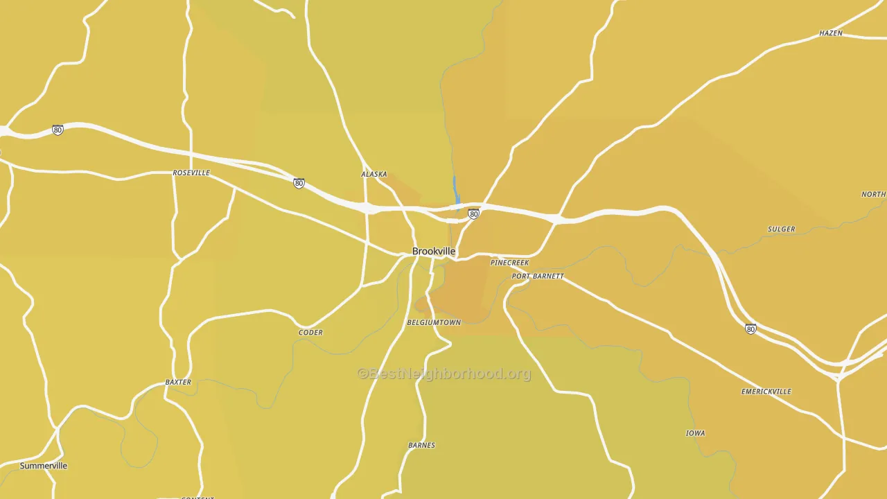 Map of the best neighborhoods in the Brookville area, with better matches in green and worse matches in red