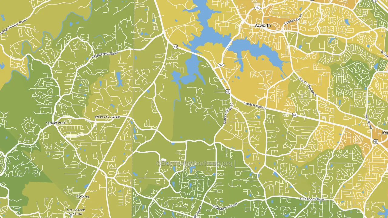 Map of the best neighborhoods in the Brookwood, Acworth area, with better matches in green and worse matches in red