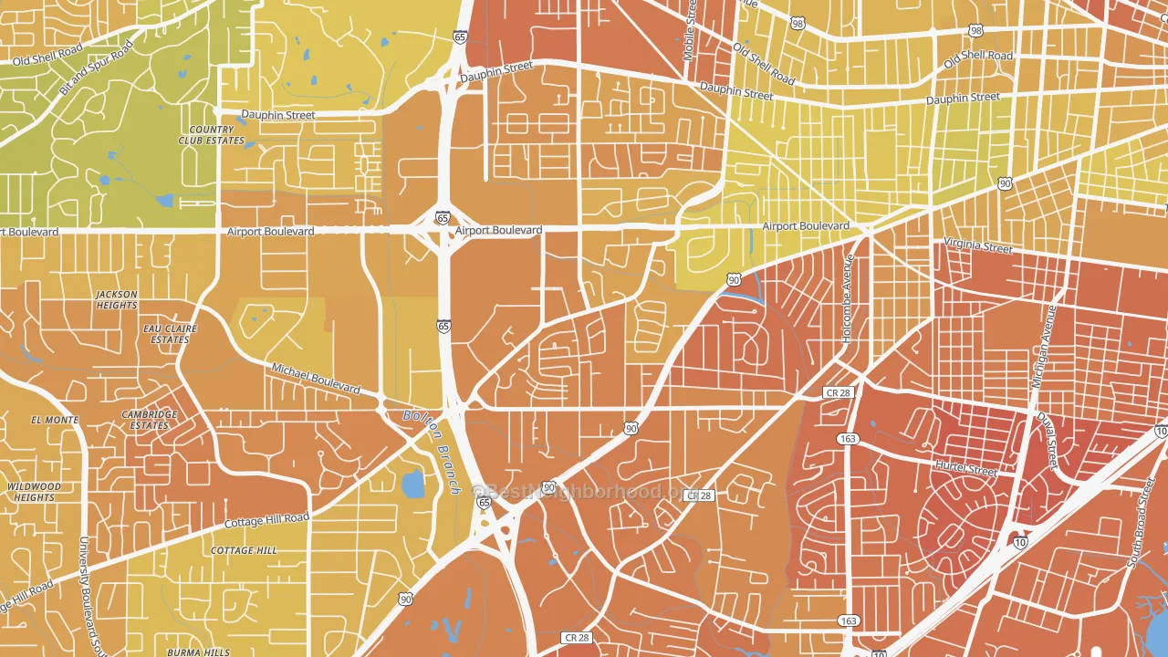 Map of the best neighborhoods in the Brookwood, Mobile area, with better matches in green and worse matches in red