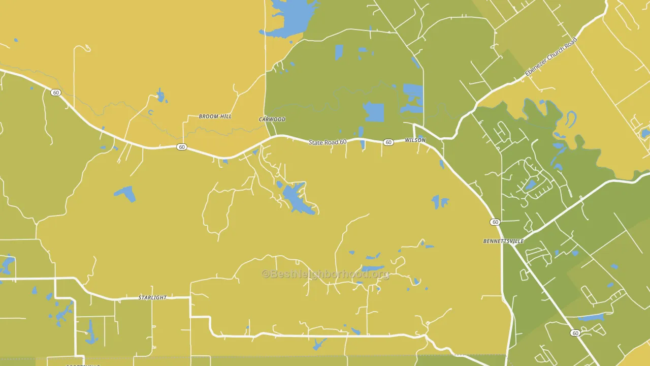 Map of the best neighborhoods in the Broom Hill area, with better matches in green and worse matches in red